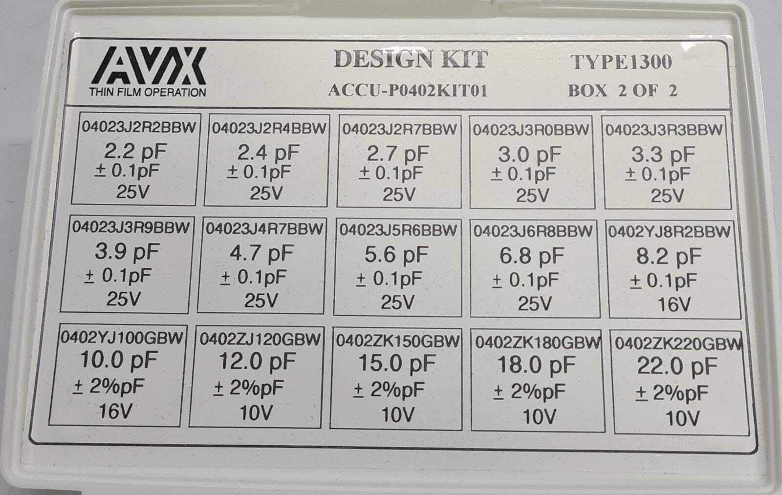 AVX Thin Film RF Microwave Designer Kit ACCU-P0402KIT01 Type1300 2.2pF-22.0pF #2