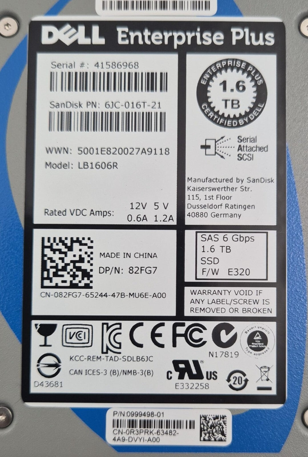Dell 1.6TB SSD SAS 6Gb/s 2.5'' LB1606R 6JC-016T-21 82FG7 W/ Compellent Caddy