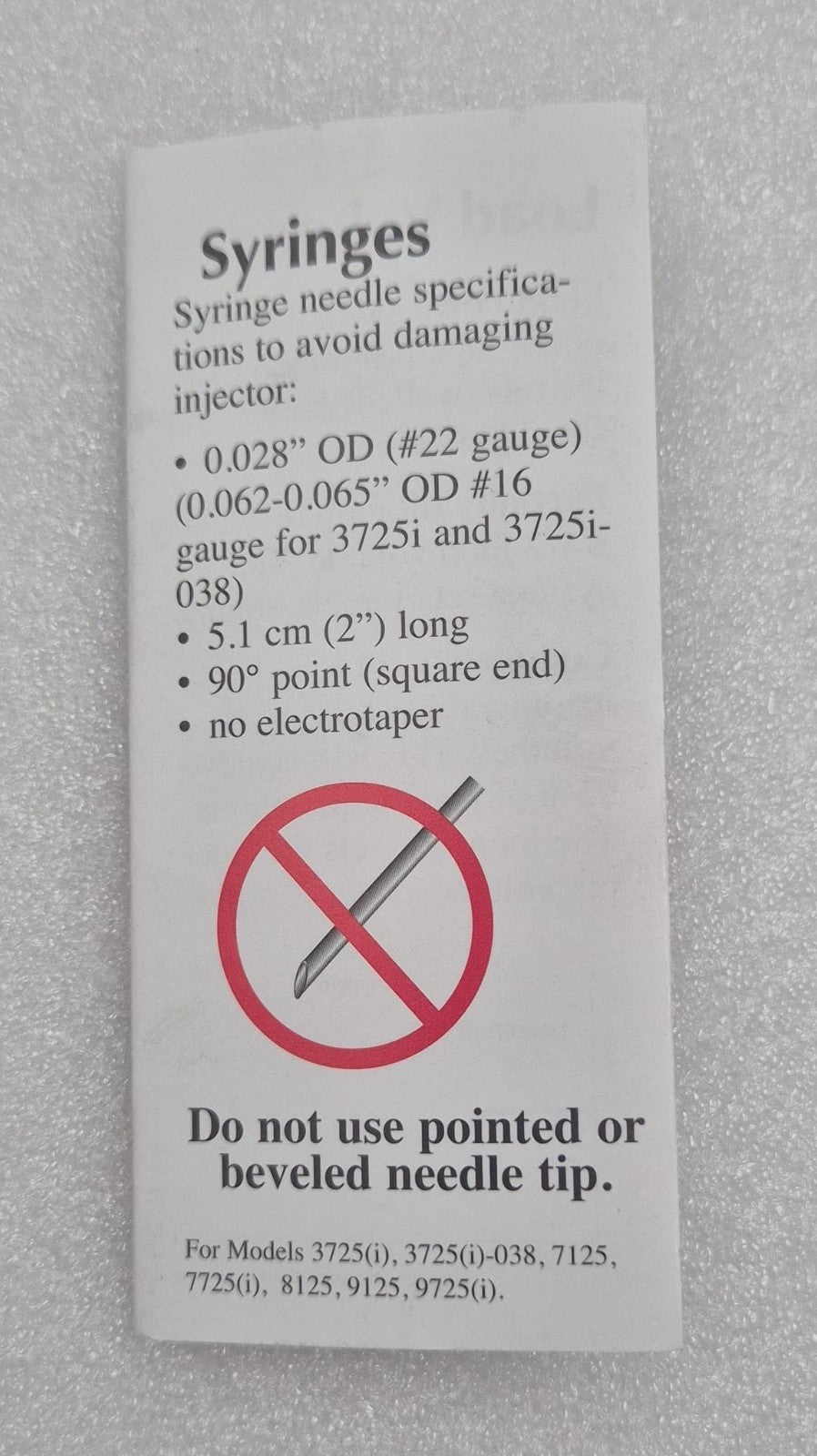 RHEODYNE syringe usage instruction insert for injector kit