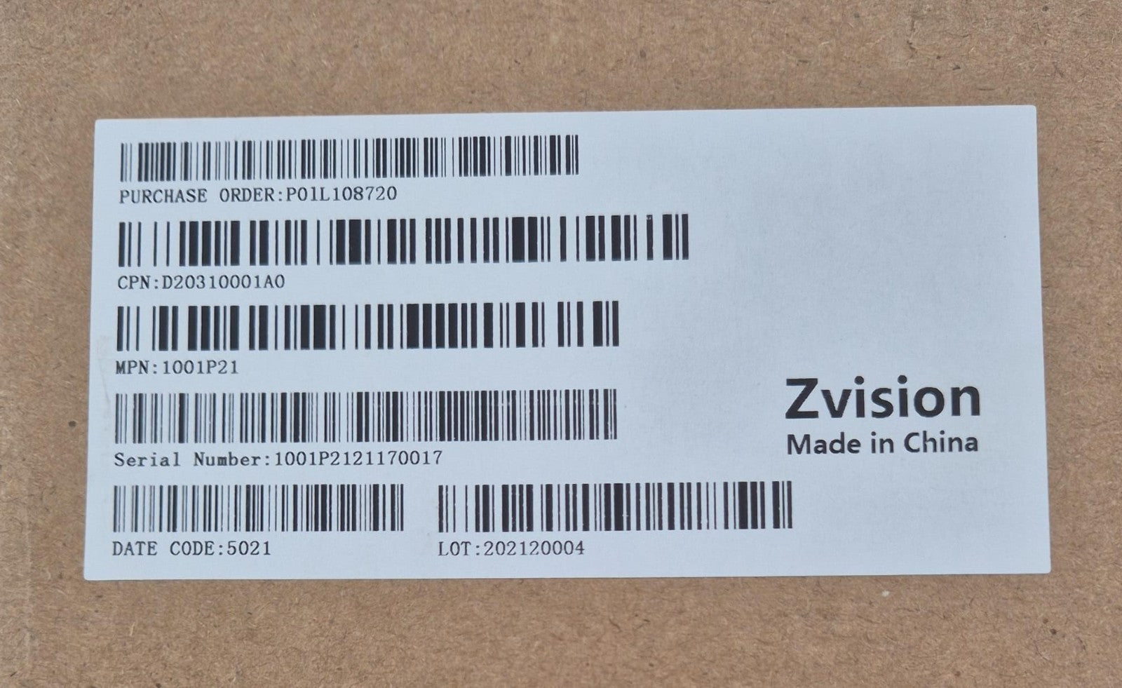 Zvision ML30S 1001P21 LiDAR sensor identification label close-up