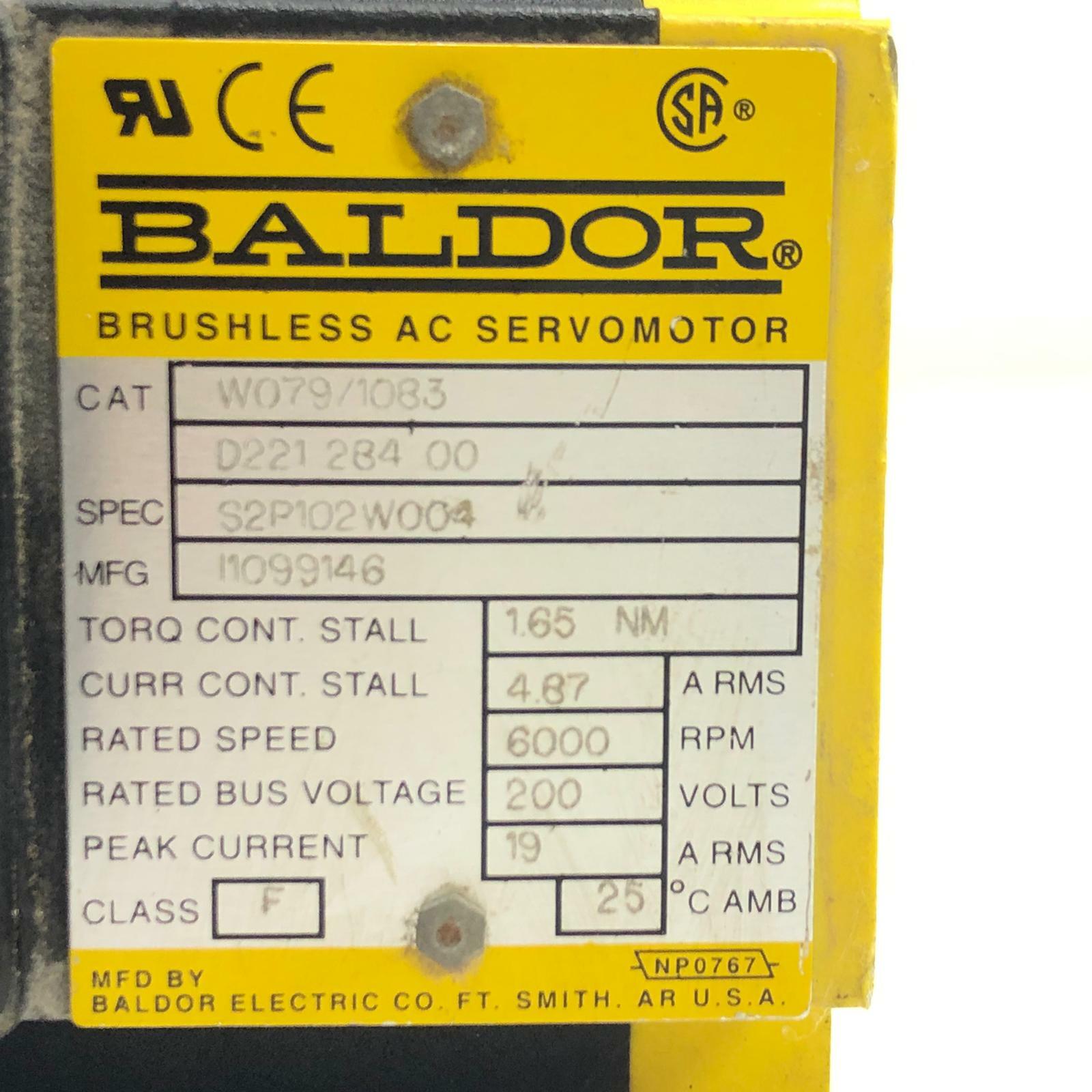 Baldor Brushless AC Servo Motor W079/1083 21348 D221 284 00 Spec: S2P102W001
