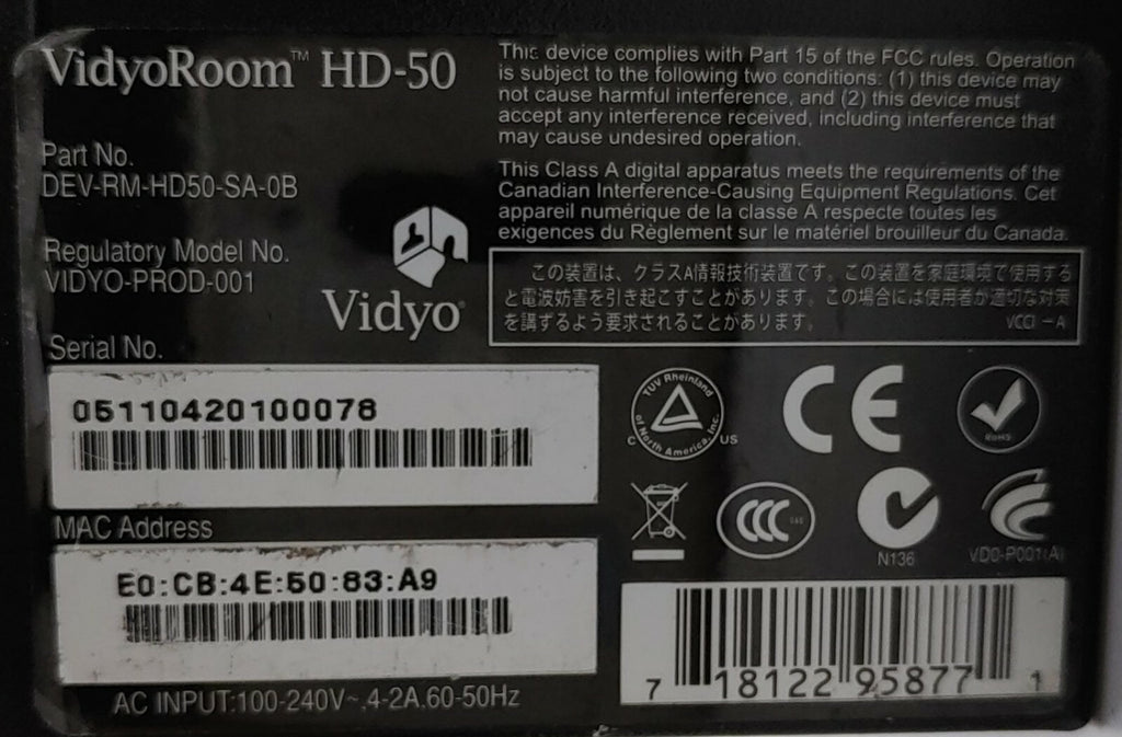 VIDYO VIDYOROOM HD-50 DEV-RM-HD50-SA-0B AC INPUT100-240V 4-2A 60-50HZ