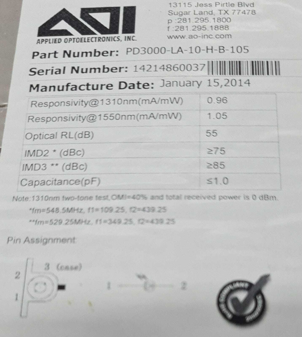 NEW - Applied Optoelectronics PD3000-LA-10-H-B-105 1310nm two-tone test 548.5MHz