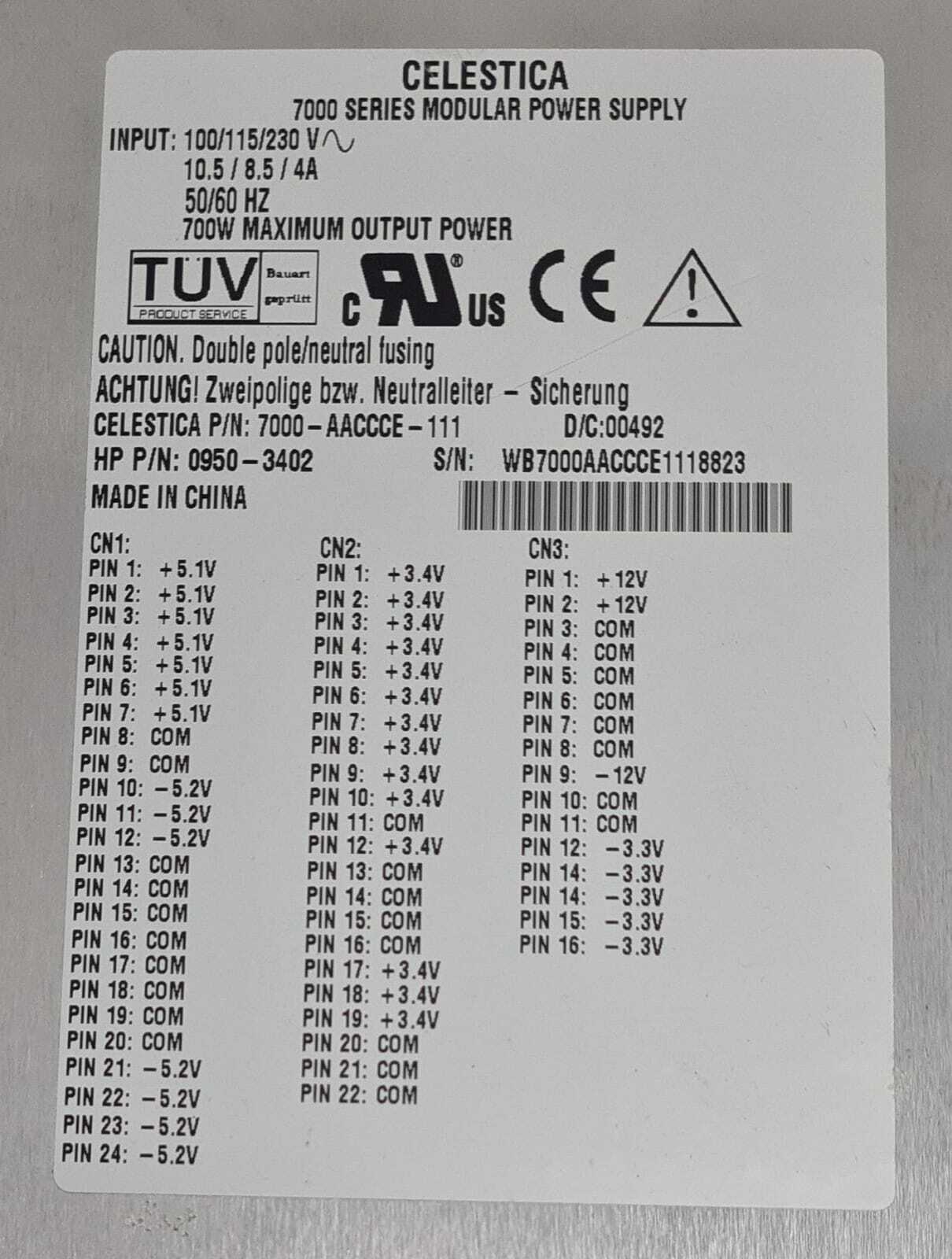 Celestica 7000 Series Modular Power Supply 700W 7000-AACCCE-111 For HP Agilent