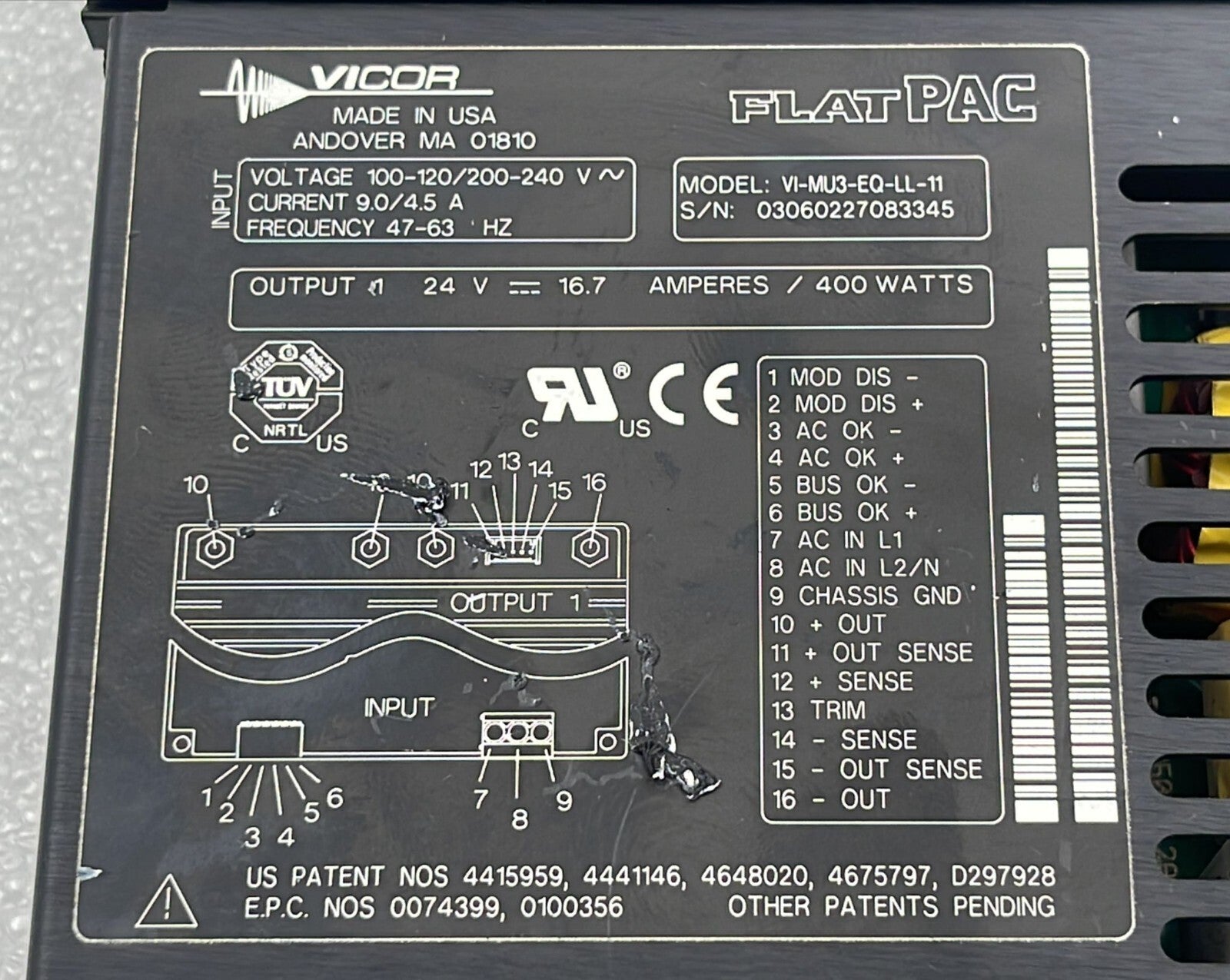 VICOR FlatPAC VI-MU3-EQ-LL-11 Power Supply 400W 24V