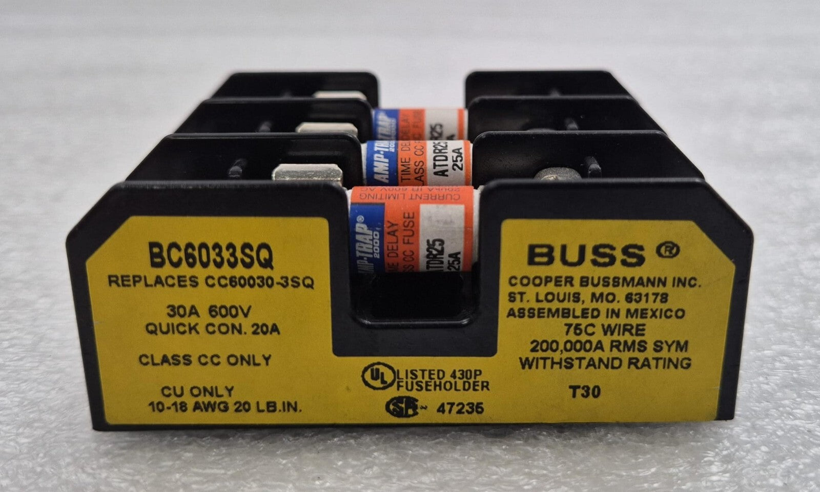 [LOT 16]  BC6033SQ 3-Pole Fuse Holder 30A 600V W/ 3* Ferraz Shawmut ATDR25 25A