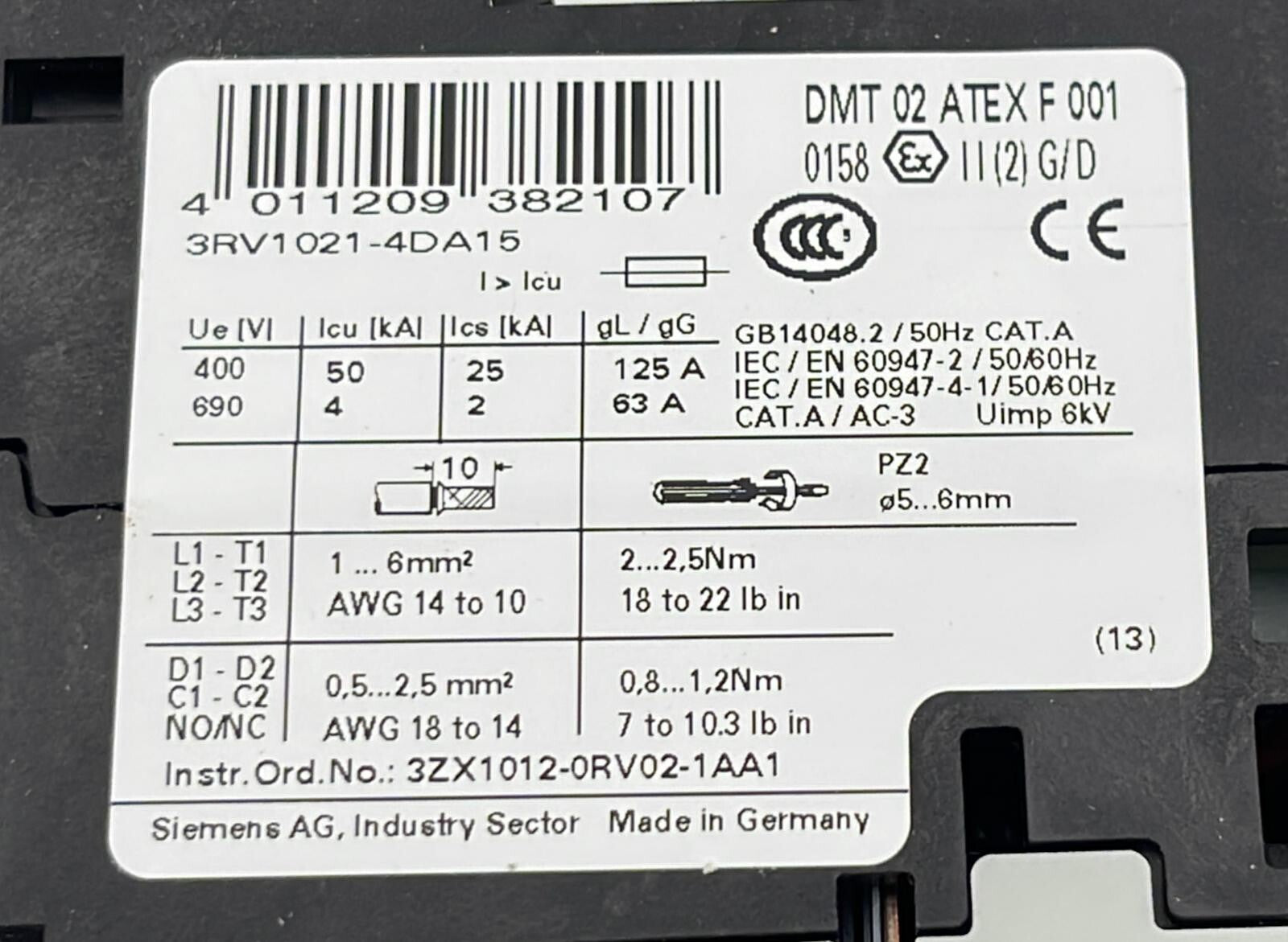 [LOT OF 3] NEW - Siemens 3RV1021-4DA15 Circuit breaker 20-24A 1NO + 1NC