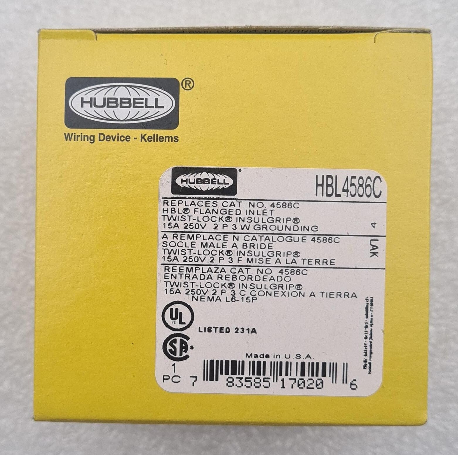 [LOT 14] NEW - HUBBELL HBL4586C 15A 250V 2-Pole 3-Wire Flanged Inlet Twist Lock