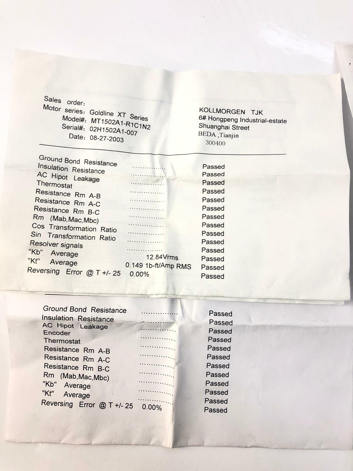 Kollmorgen Goldline MT1502A1-E2V1 XT 6000Rpm Servo Motor
