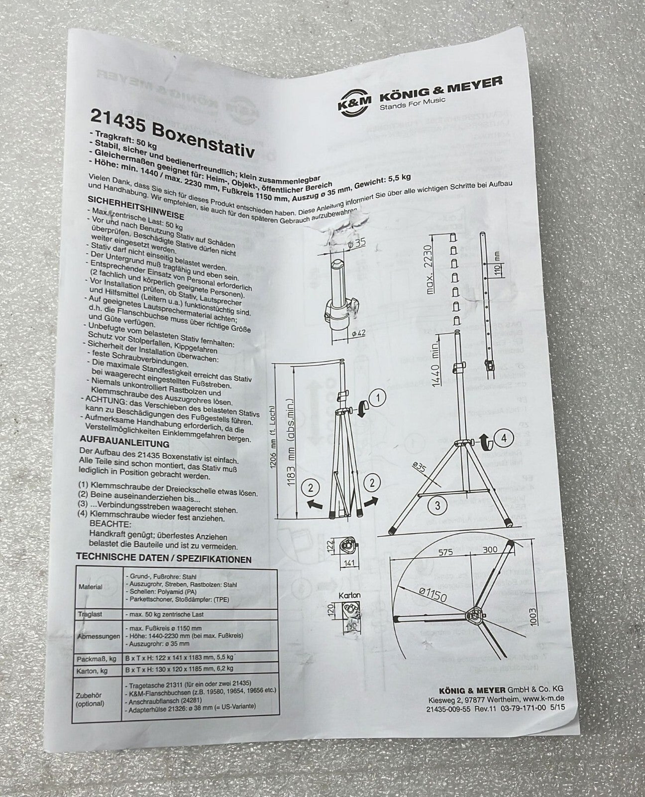 K&M Konig & Meyer 21435-177-55 Adjustable Speaker Stand W/ Push Button locking