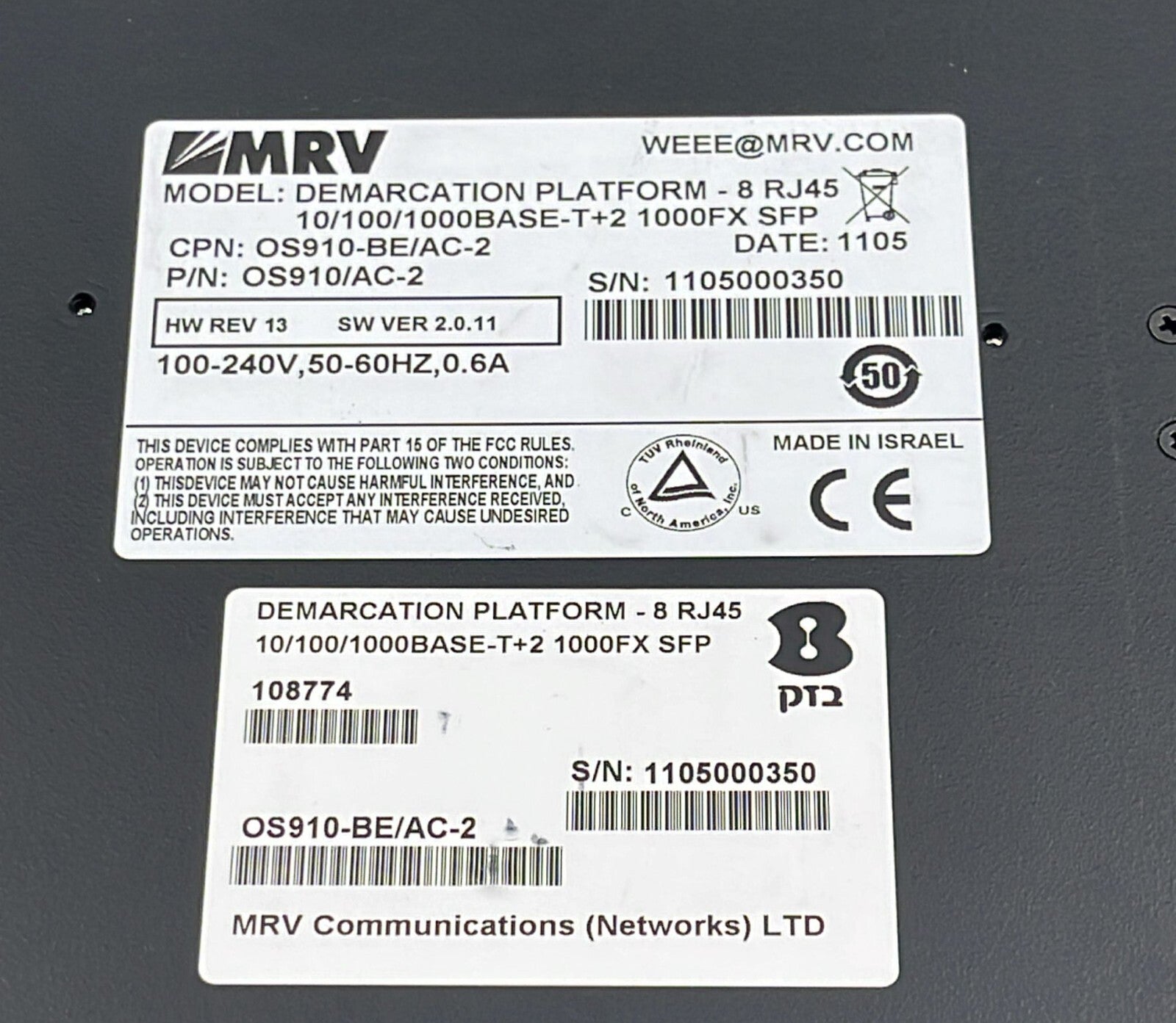 MRV OS-910 AC-2 OS910/AC-S Demarcation Platform RJ45 10/100/1000 BASE-T+2 1000FX
