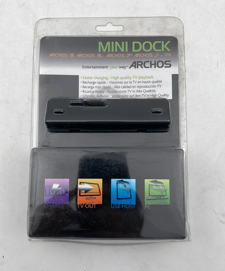 Archos Mini Dock retail package showing dock and features