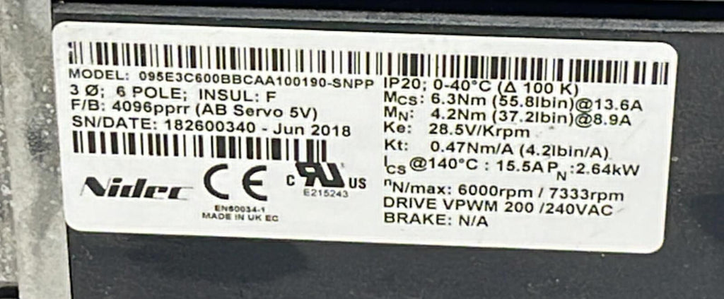 Nidec Servo Motor 095E3C600BBCAA100190-SNPP W/ EVL-090B-10-S6-19EB19