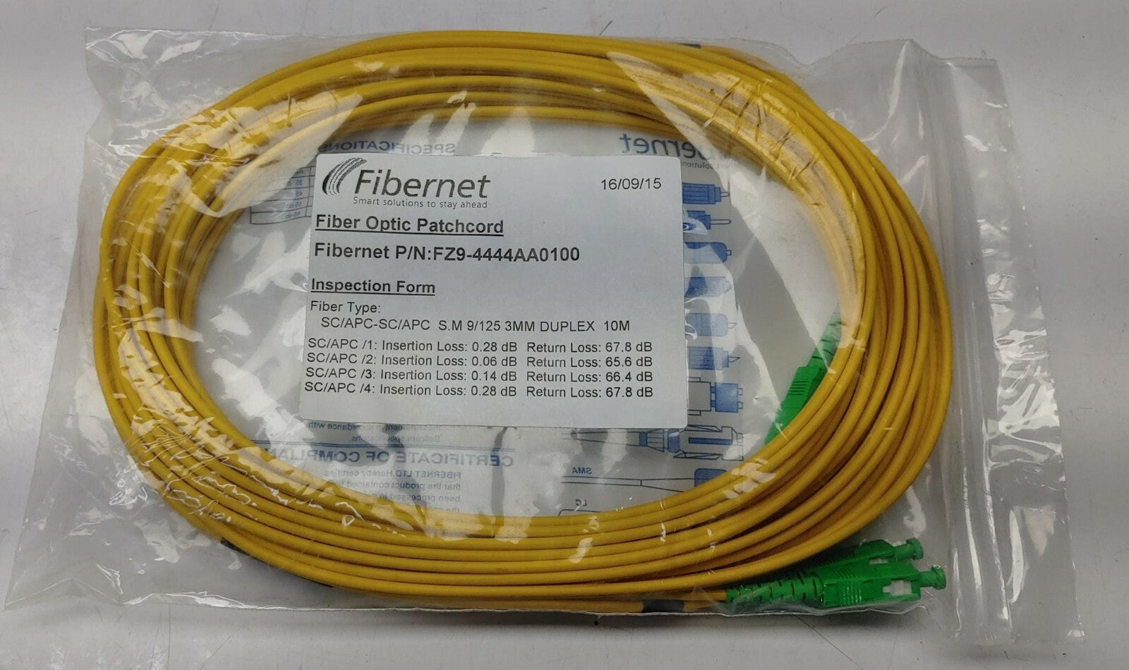 FIBERNET Fiber Optic Patchcord SC/APC-SC/APC S.M 9/125 3MM DUPLEX 10M