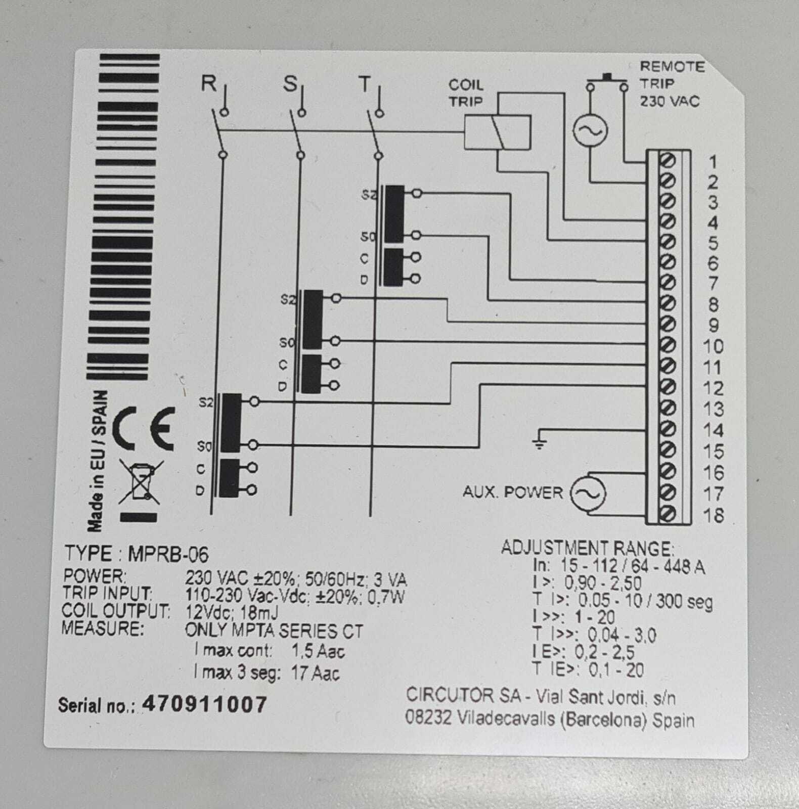 ABB CIRCUTOR MPRB-06 VER 1.8 Protection Relay for V-module
