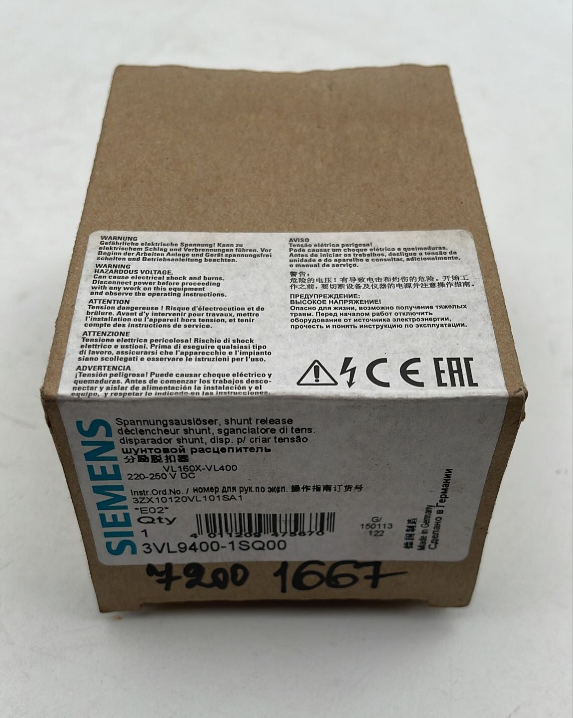 Siemens 3VL9400-1SQ00 Shunt release 220-250V DC