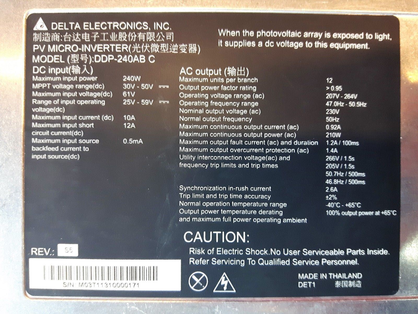 Delta Electronics DDP-240AB C Pv Micro Inverter For Solar Power Systems