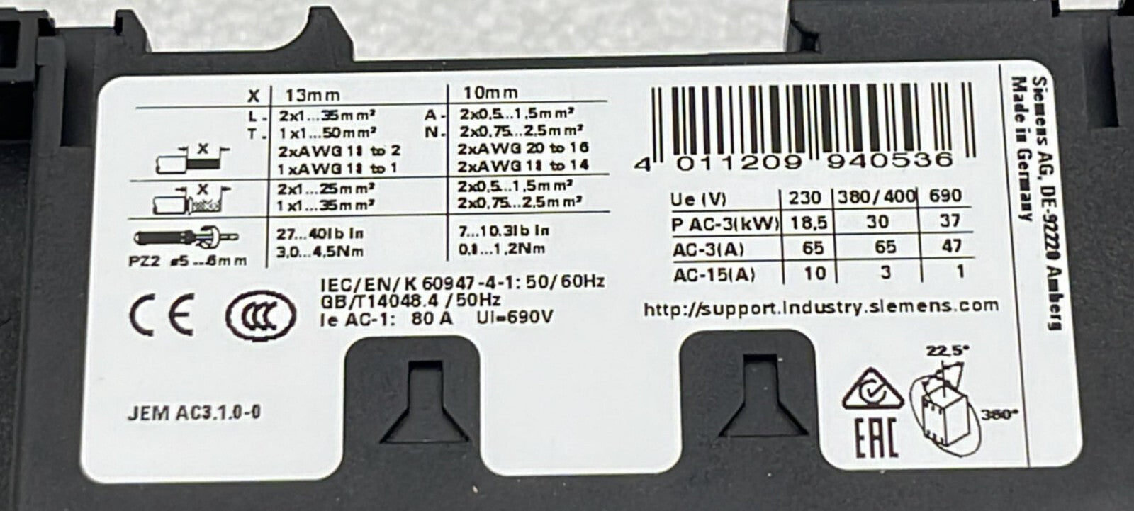 SIEMENS SIRIUS 3RT2037-1AP00 Relay Contactor 230V 50Hz