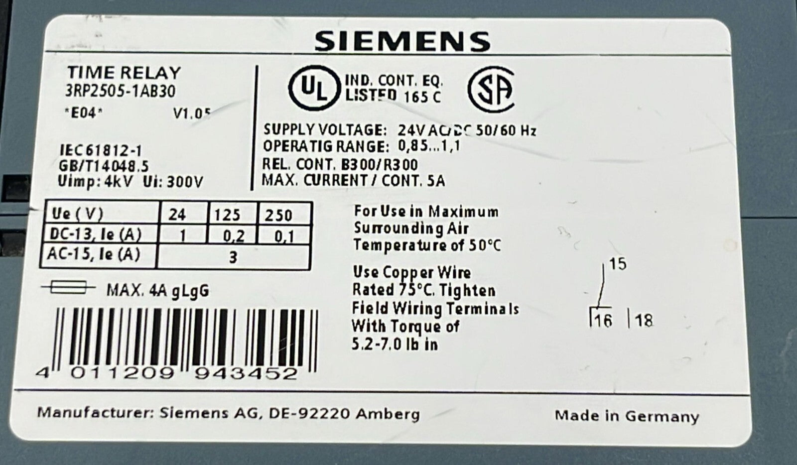 SIEMENS TIME RELAY 3RP2505-1AB30 V1.05