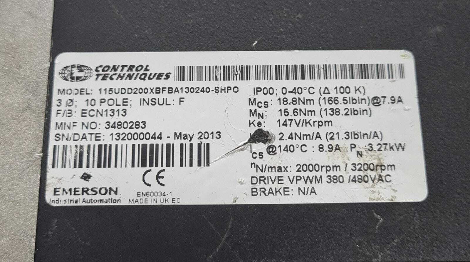 Emerson Control Techniques Unimotor 115UDD200XBFBA130240 Servo Motor 3480283