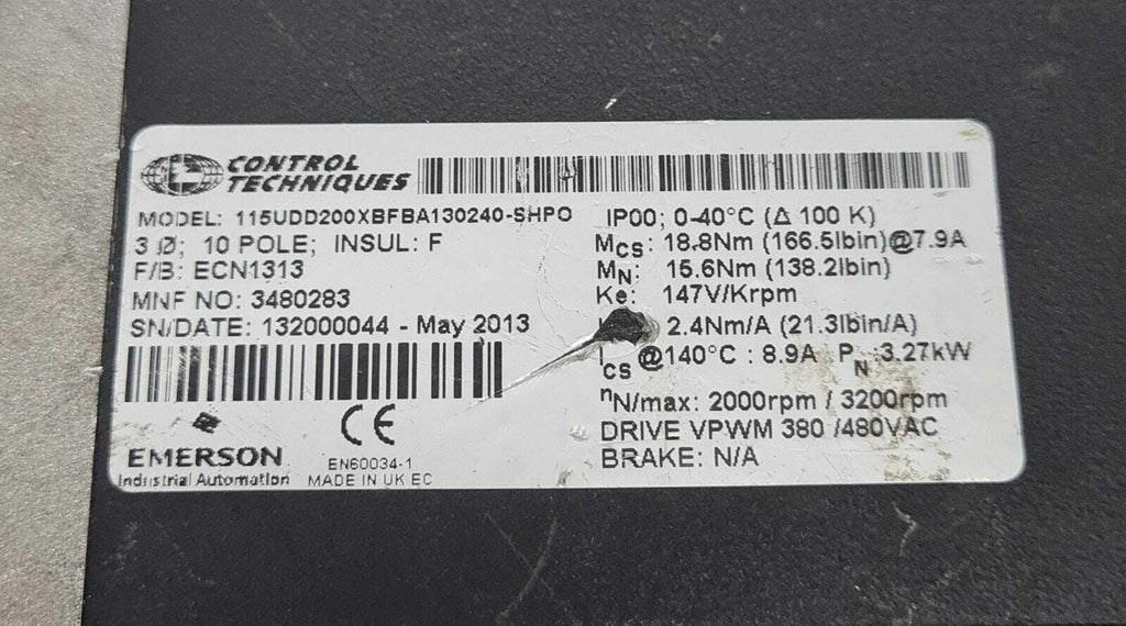 Emerson Control Techniques Unimotor 115UDD200XBFBA130240 Servo Motor 3480283
