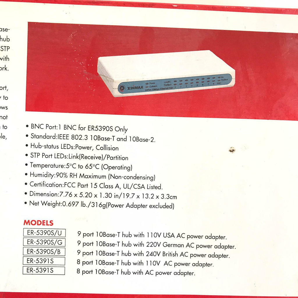Edimax Technology Er 5390S 9 Port 10base T Ethernet Network Hub 10 Mbps