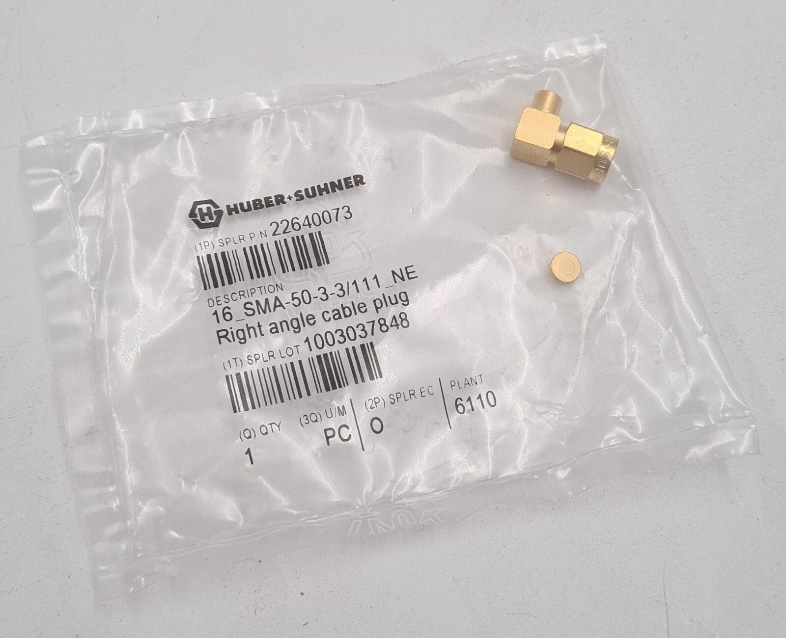 [LOT 10] NEW - HUBER SUHNER 22640073 16_SMA-50-3-3/111_NE Right Angle Cable Plug