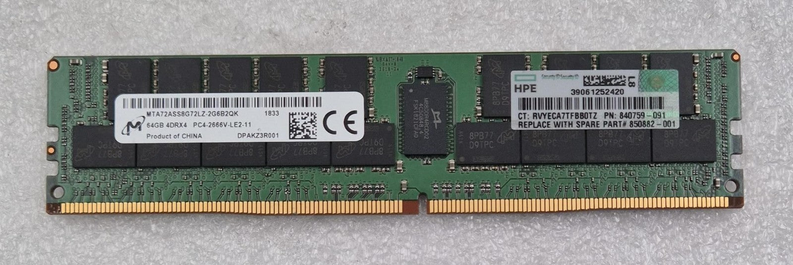 Micron 64GB 4DRX4 PC4-2666V MTA72ASS8G72LZ-2G6B2QK Server Memory RAM *HPE*