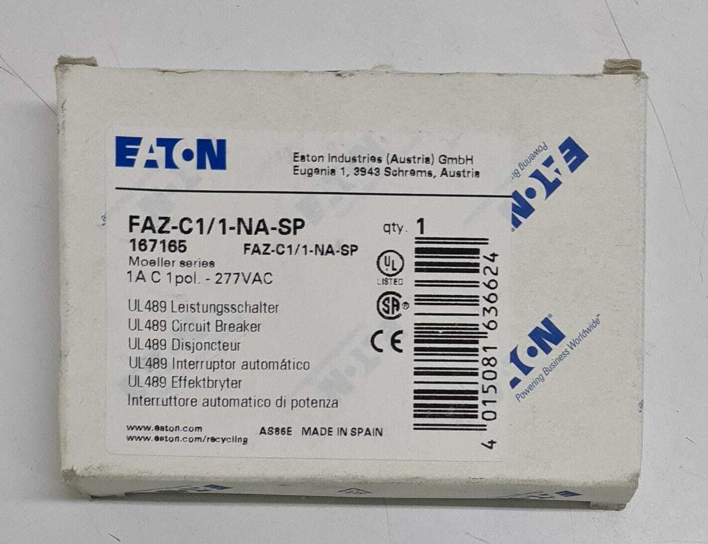 [LOT OF 2 PCS] NEW - EATON FAZ-C1/1-NA-SP Circuit Breaker 167165 1-POLE 1A C