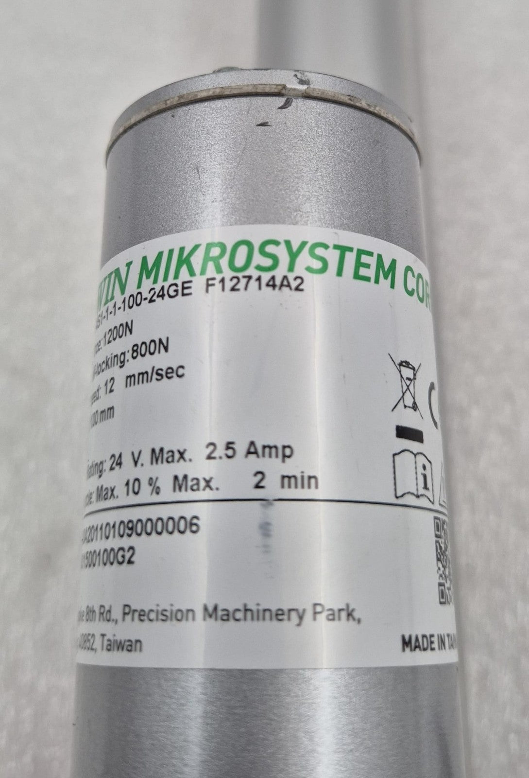 HIWIN Mikrosystem LAS1-1-1-100-24GE 1200N F12714A2 Linear Actuator