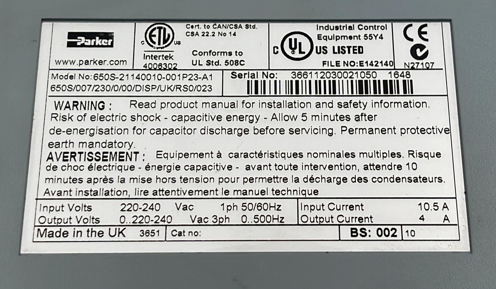 Parker 650 series 650S-21140010-001P23-A1 Servo Control Drive W/ 6511-TTL-00-G