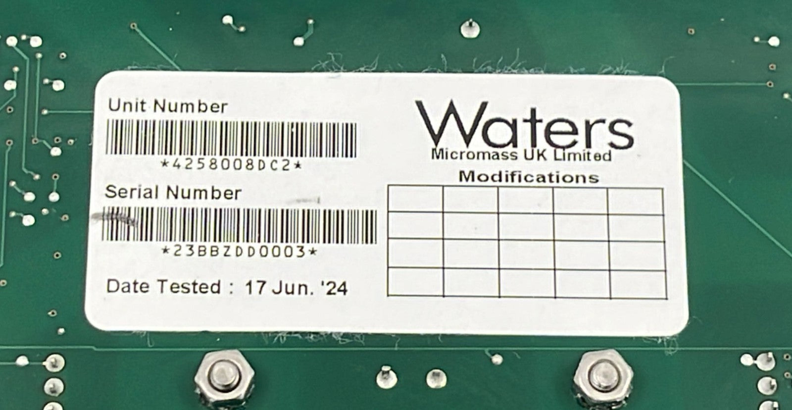 Waters Scan-Wave PCB serial label close-up