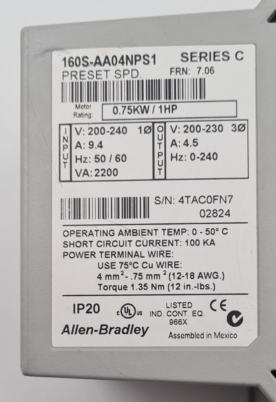 Allen-Bradley 160S-AA04NPS1 SERIES C Speed Drive converter 0.75KW 1HP