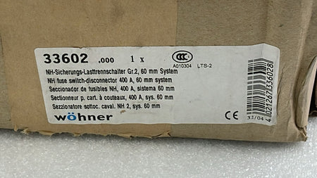 Wohner bus bar disconnect model 33602 label close-up