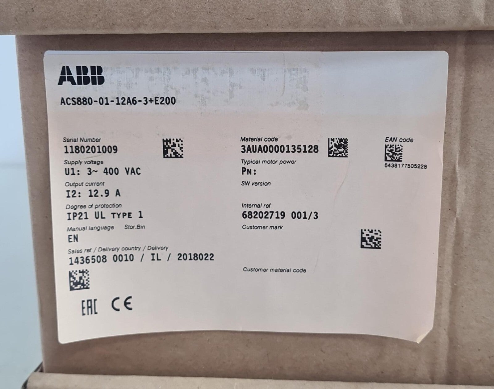 NEW SEAL - ABB ACS880-01-12A6-3+E200 3AUA0000135128 FREQUENCY CONVERTER