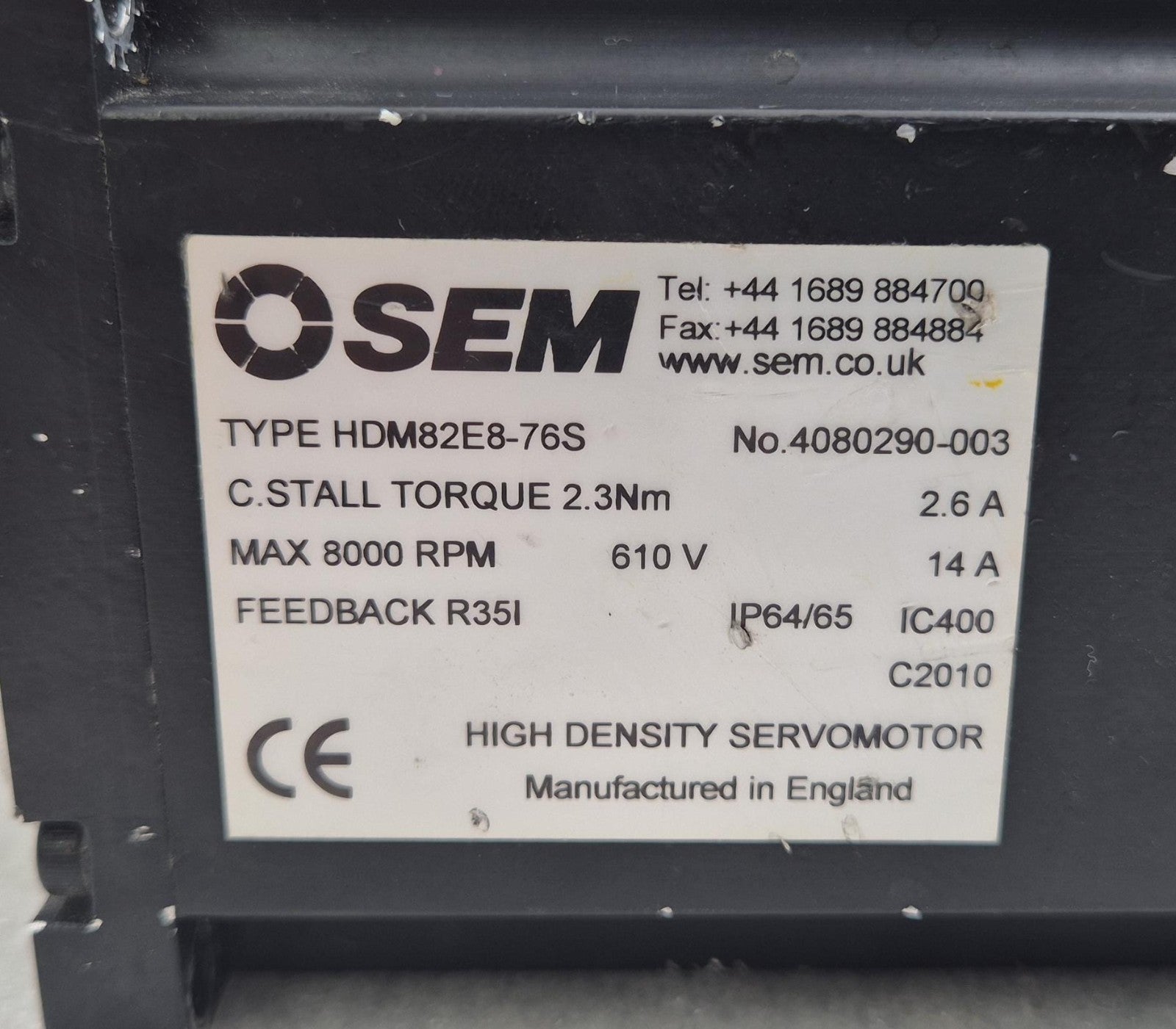 SEM High Density Servomotor HDM82E8-76S Servo Motor 8000 RPM 2.3Nm 610V