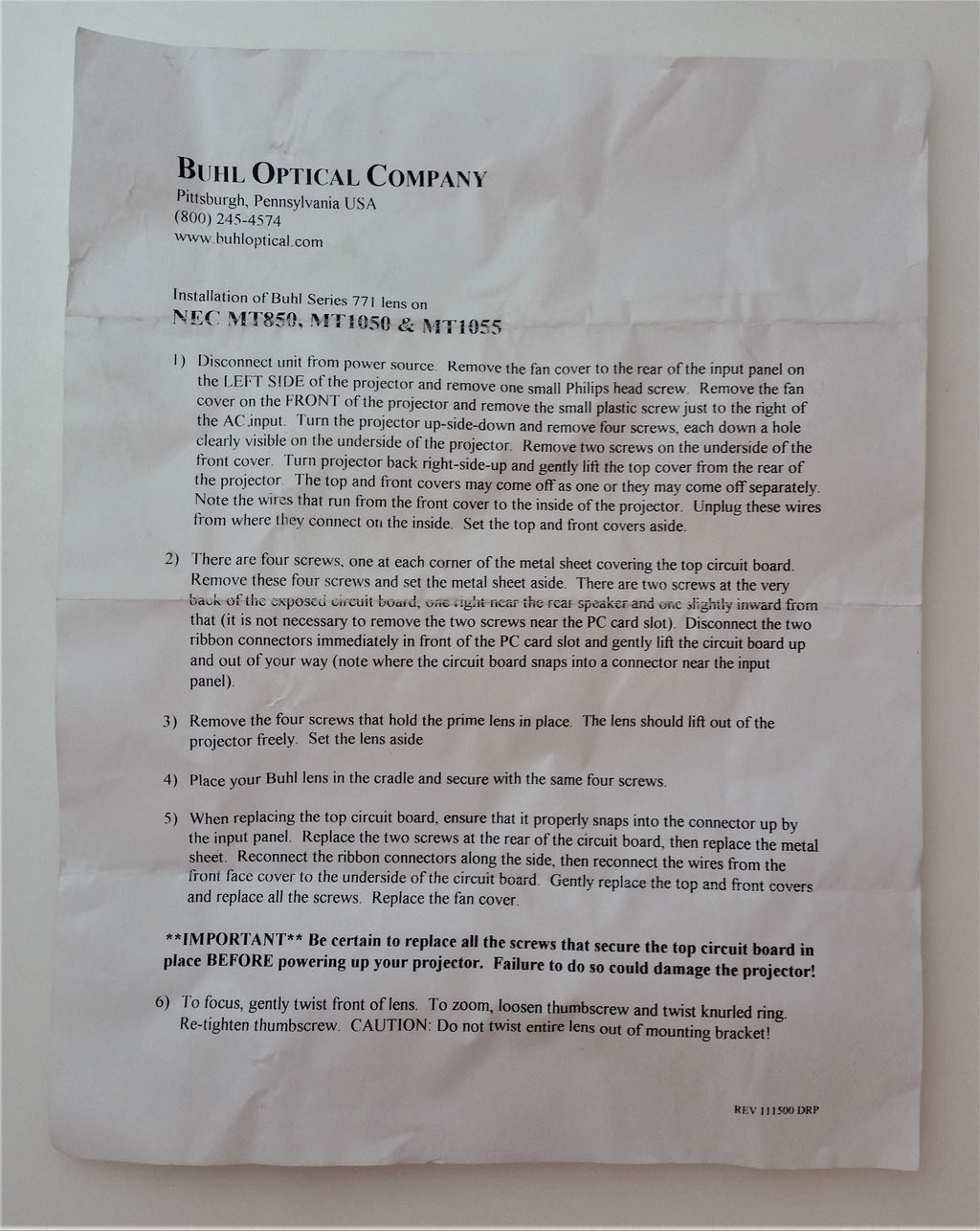 Buhl Optical Company Extra Bright Zoom Projector 4 Nec MT1050 771MCZ500