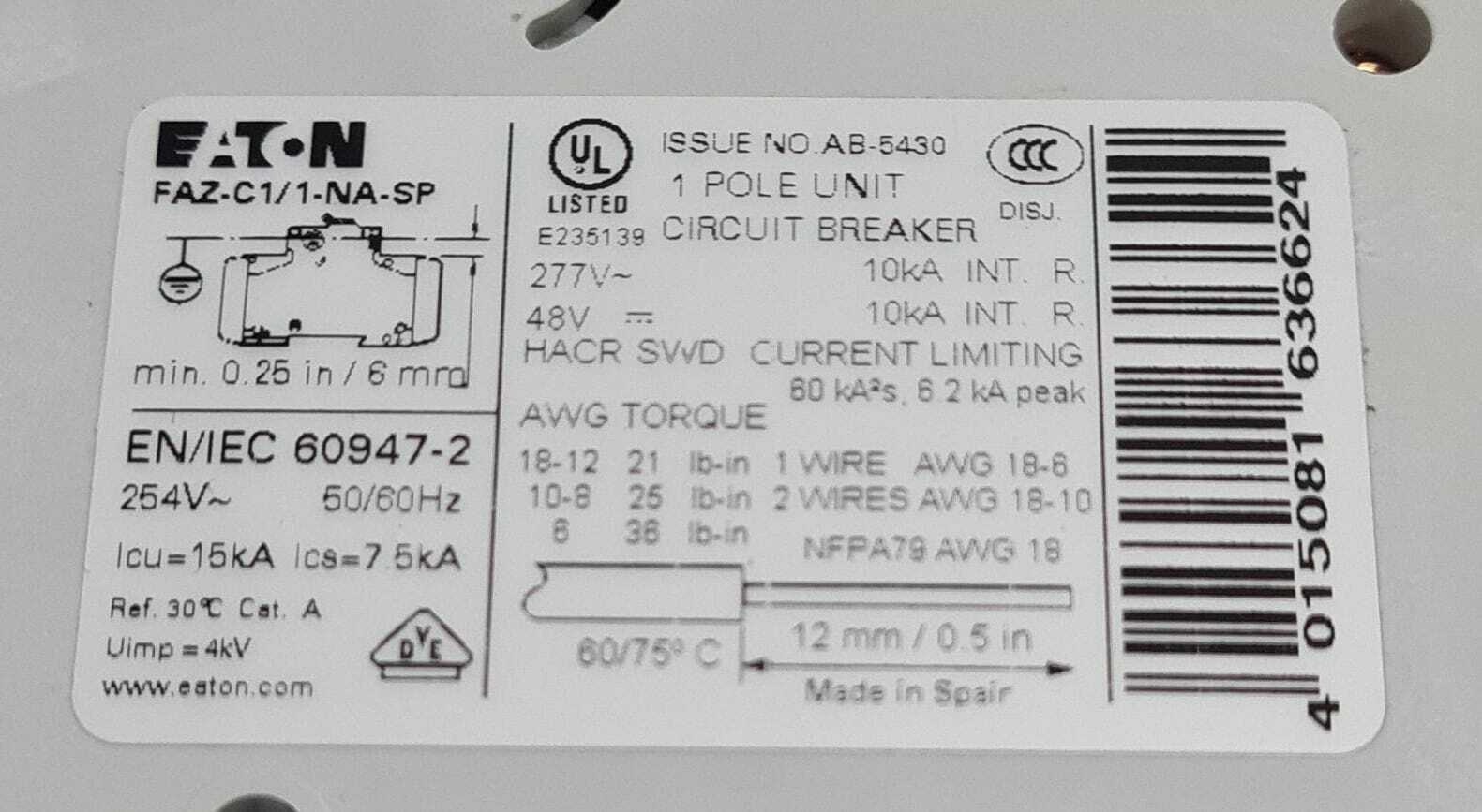 [LOT OF 2 PCS] NEW - EATON FAZ-C1/1-NA-SP Circuit Breaker 167165 1-POLE 1A C
