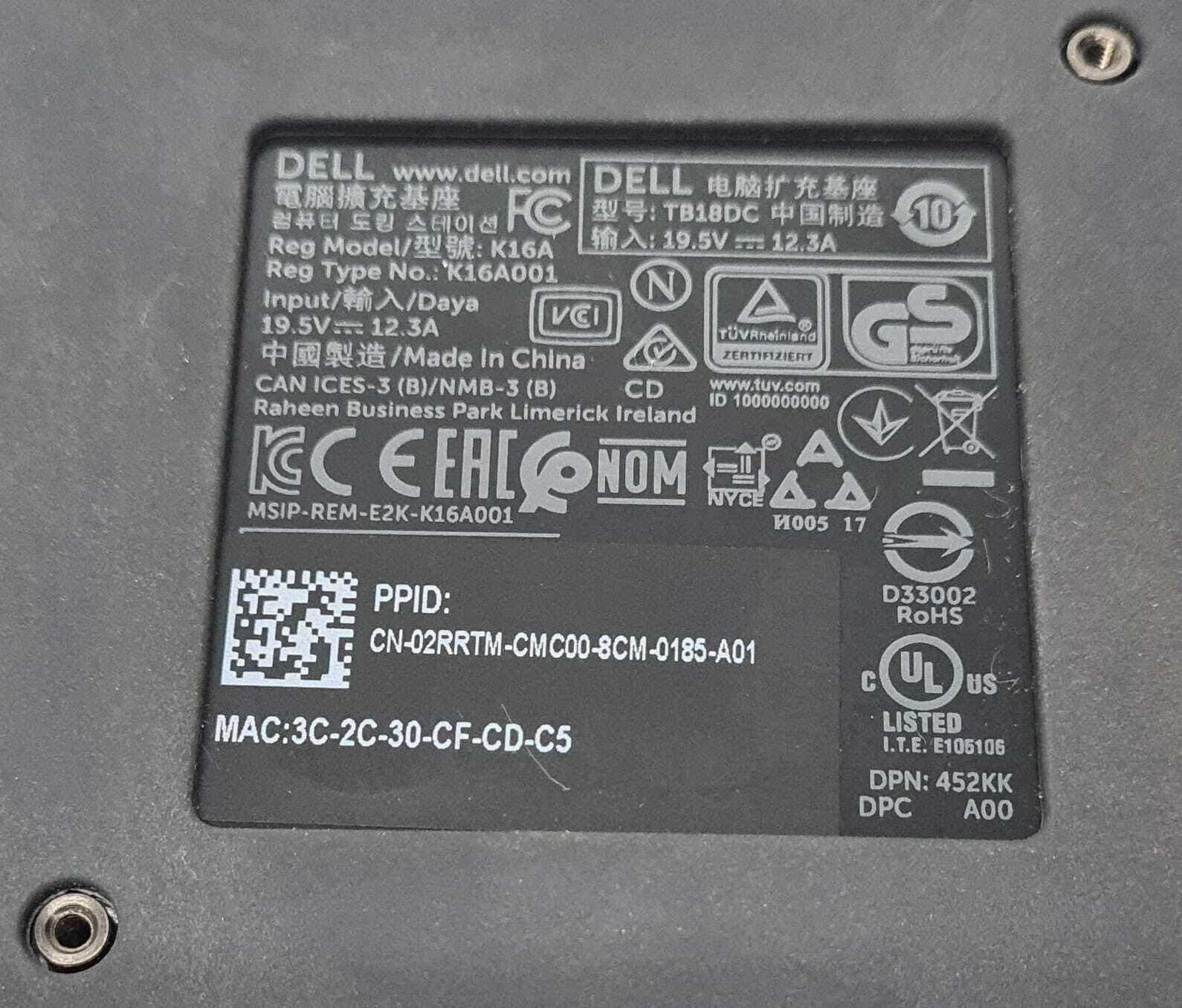 Dell Thunderbolt TB18DC K16A DUAL USB-C 19.5V 12.3A Docking Station