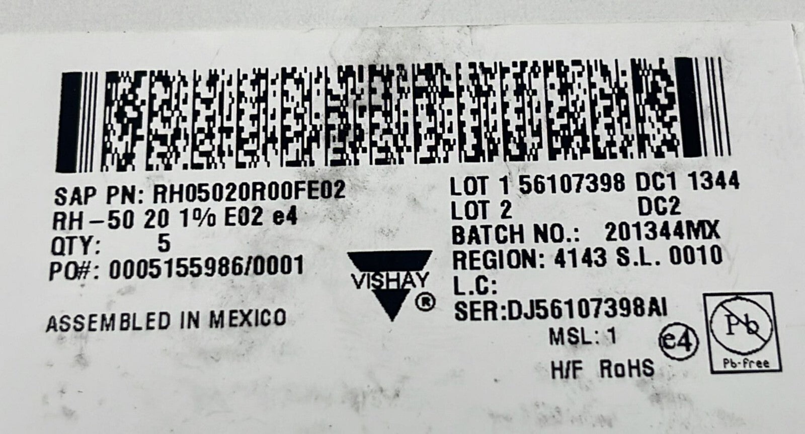 NEW - [LOT OF 5] VISHAY RH05010R00FE02 DALE RH WIREWOUND RESISTOR 20ohm 50W