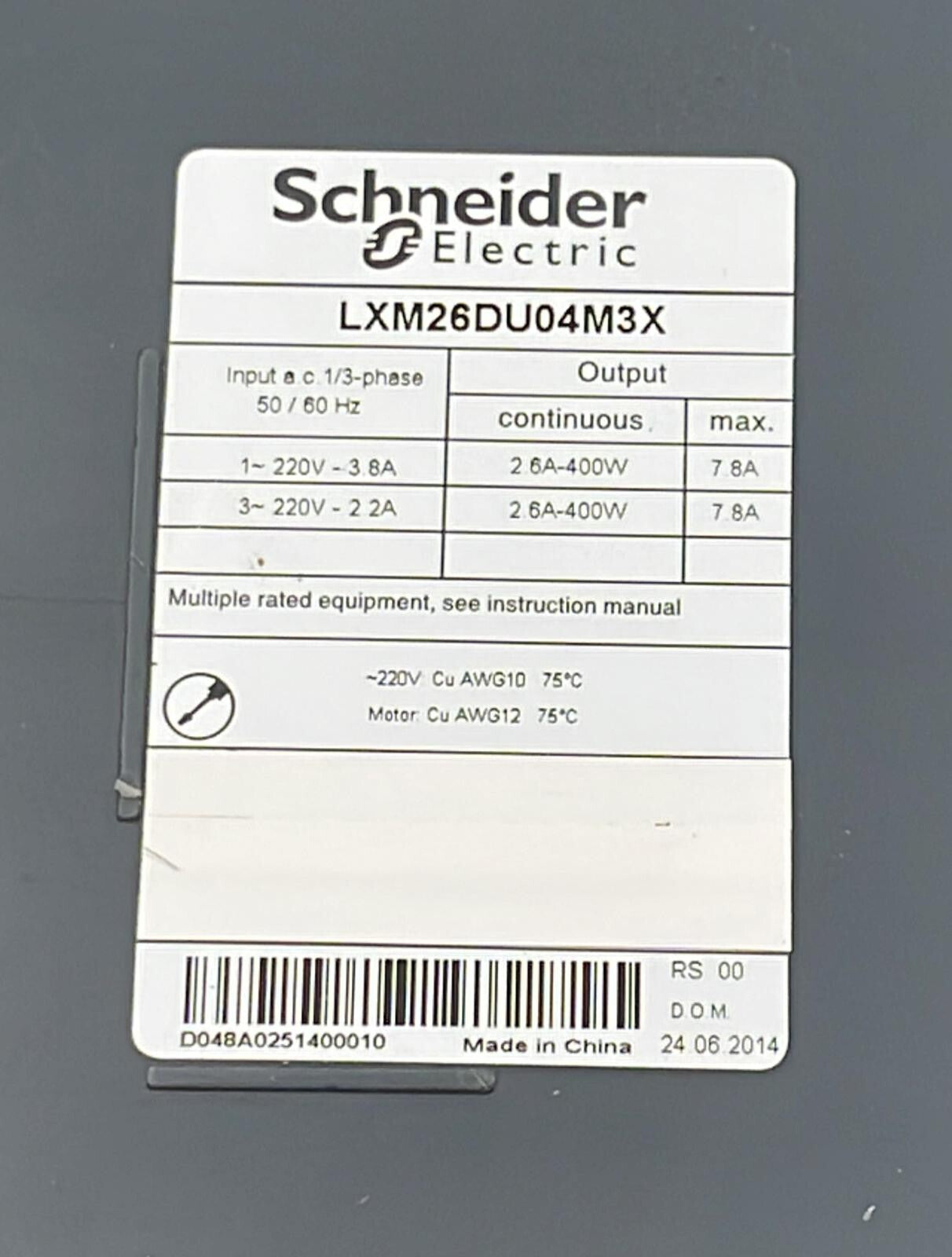 Schneider LXM26DU04M3X Servo drive system 400W 7.8A