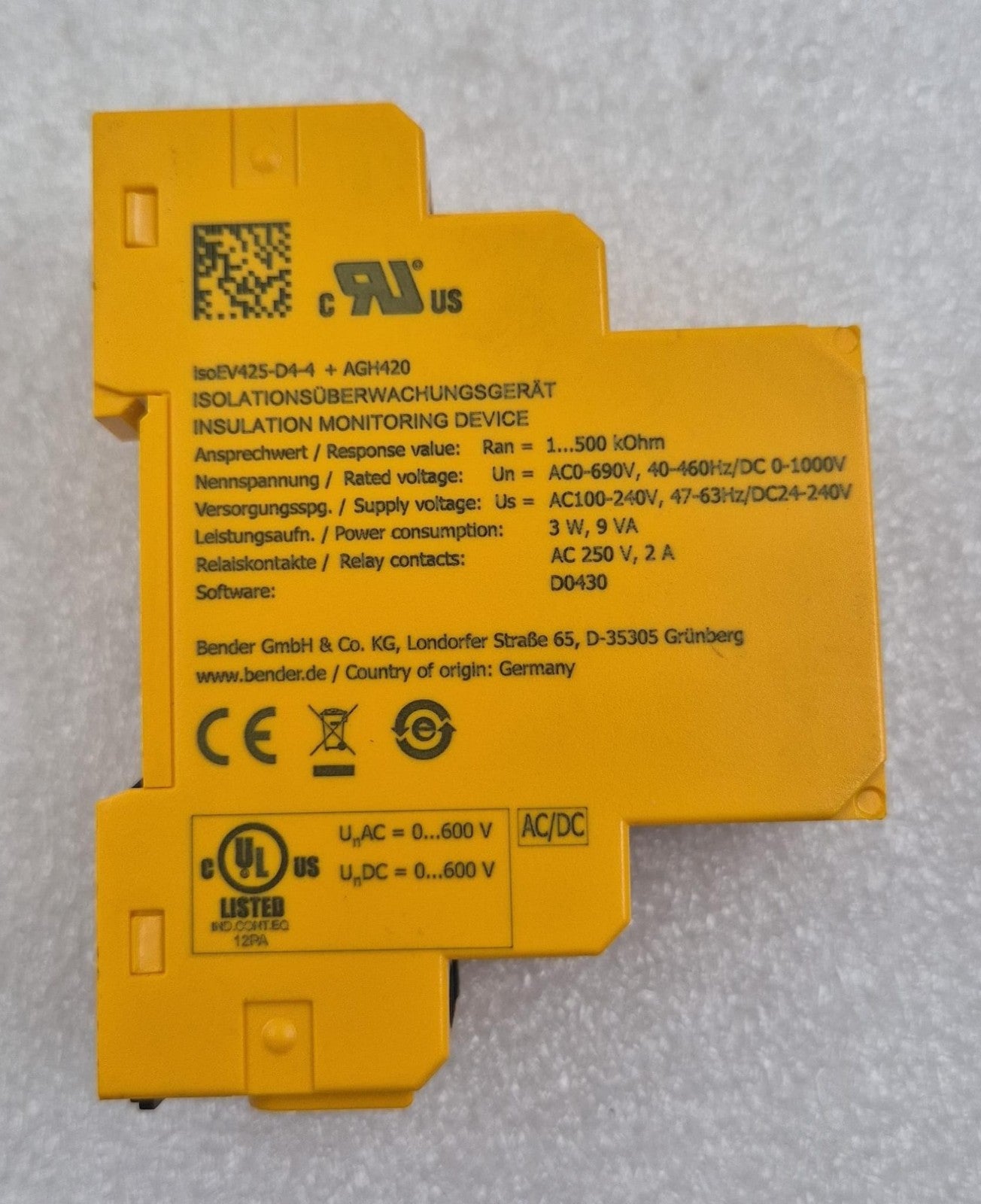 BENDER isoEV425 ISOMETER isoEV425-D4-4 INSULATION MONITORING DEVICE