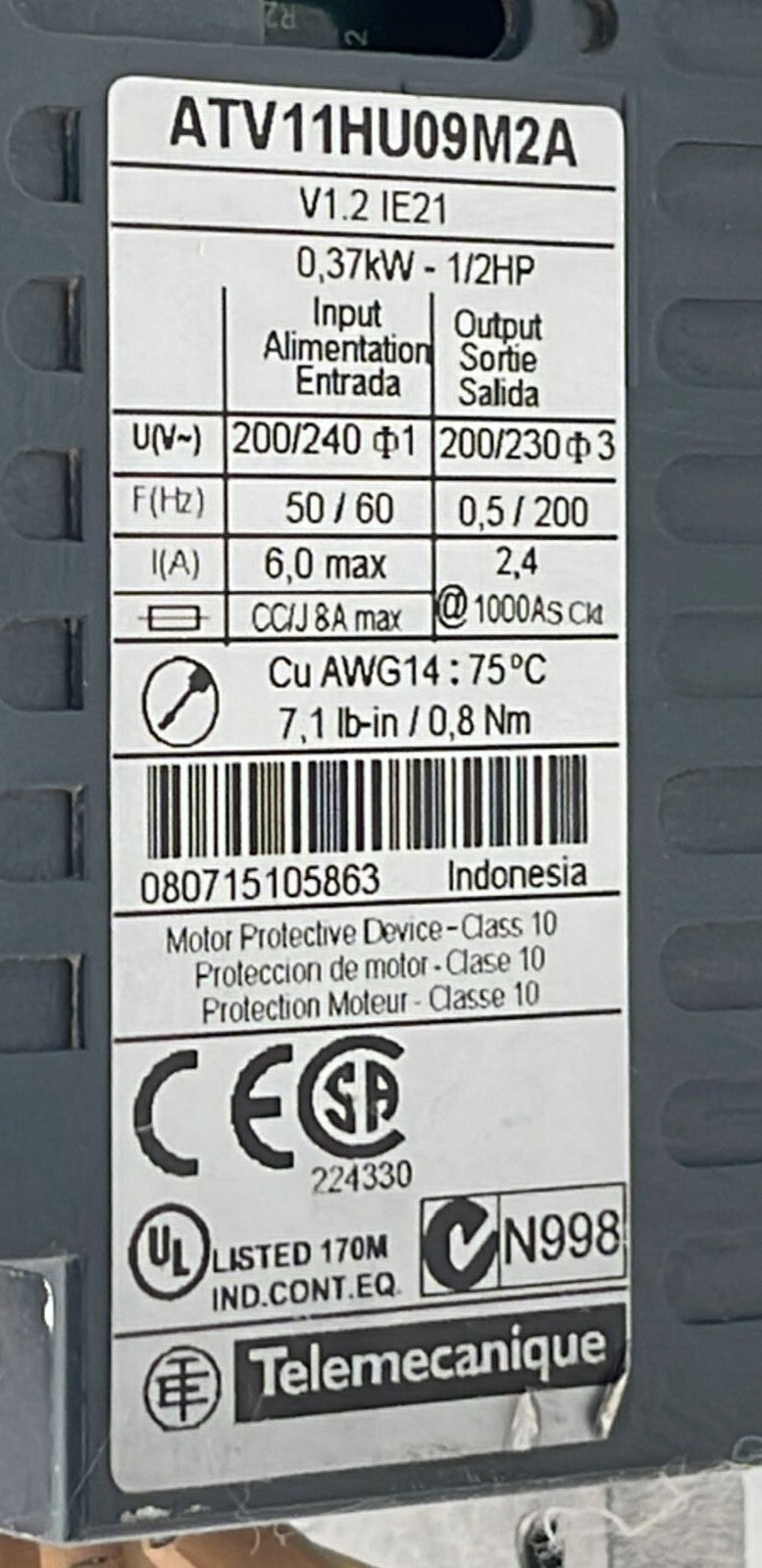 Telemecanique ATV11HU09M2A Inverter Drive 0.37kW 1/2HP