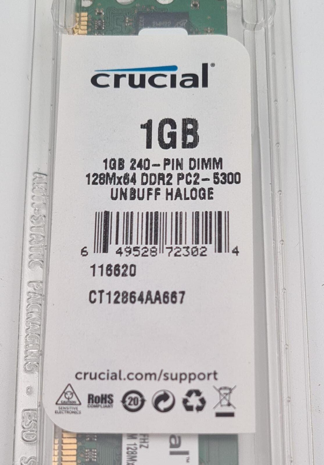 [LOT 27] Crucial 1GB 240-PIN DIMM 128Mx64 DDR2 PC2-5300 Unbuffered CT12864AA667