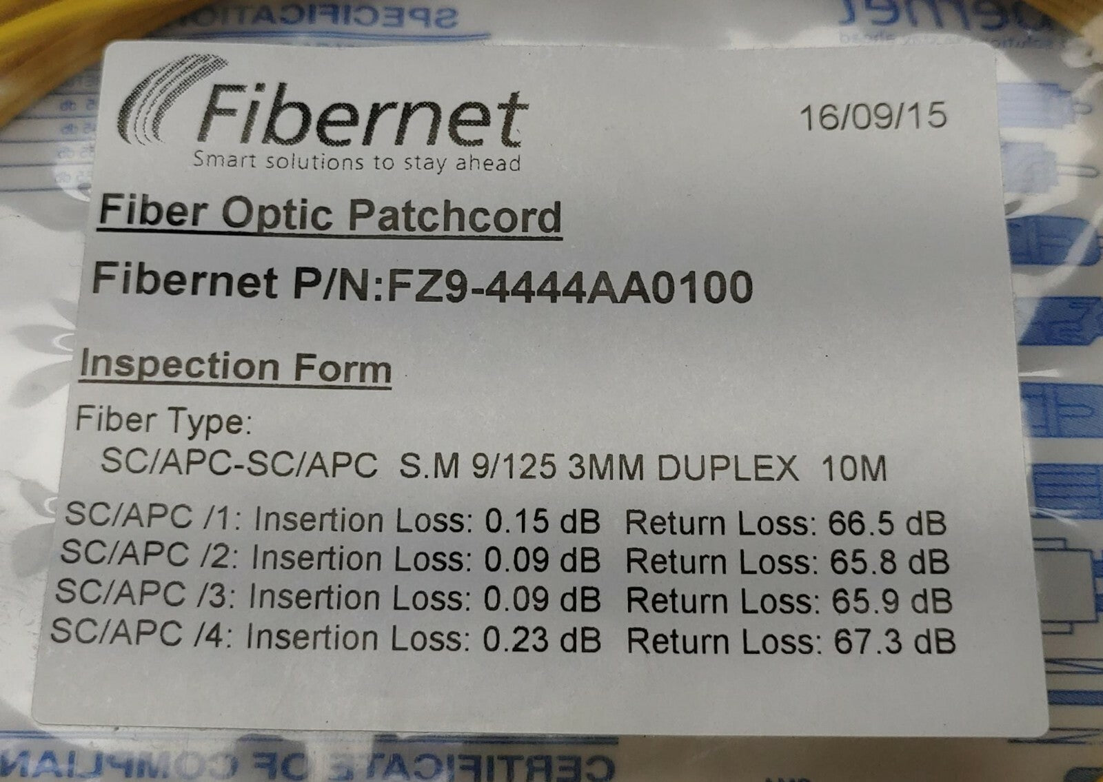 FIBERNET Fiber Optic Patchcord SC/APC-SC/APC S.M 9/125 3MM DUPLEX 10M