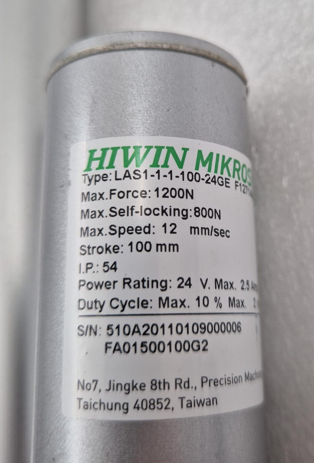 HIWIN Mikrosystem LAS1-1-1-100-24GE 1200N F12714A2 Linear Actuator