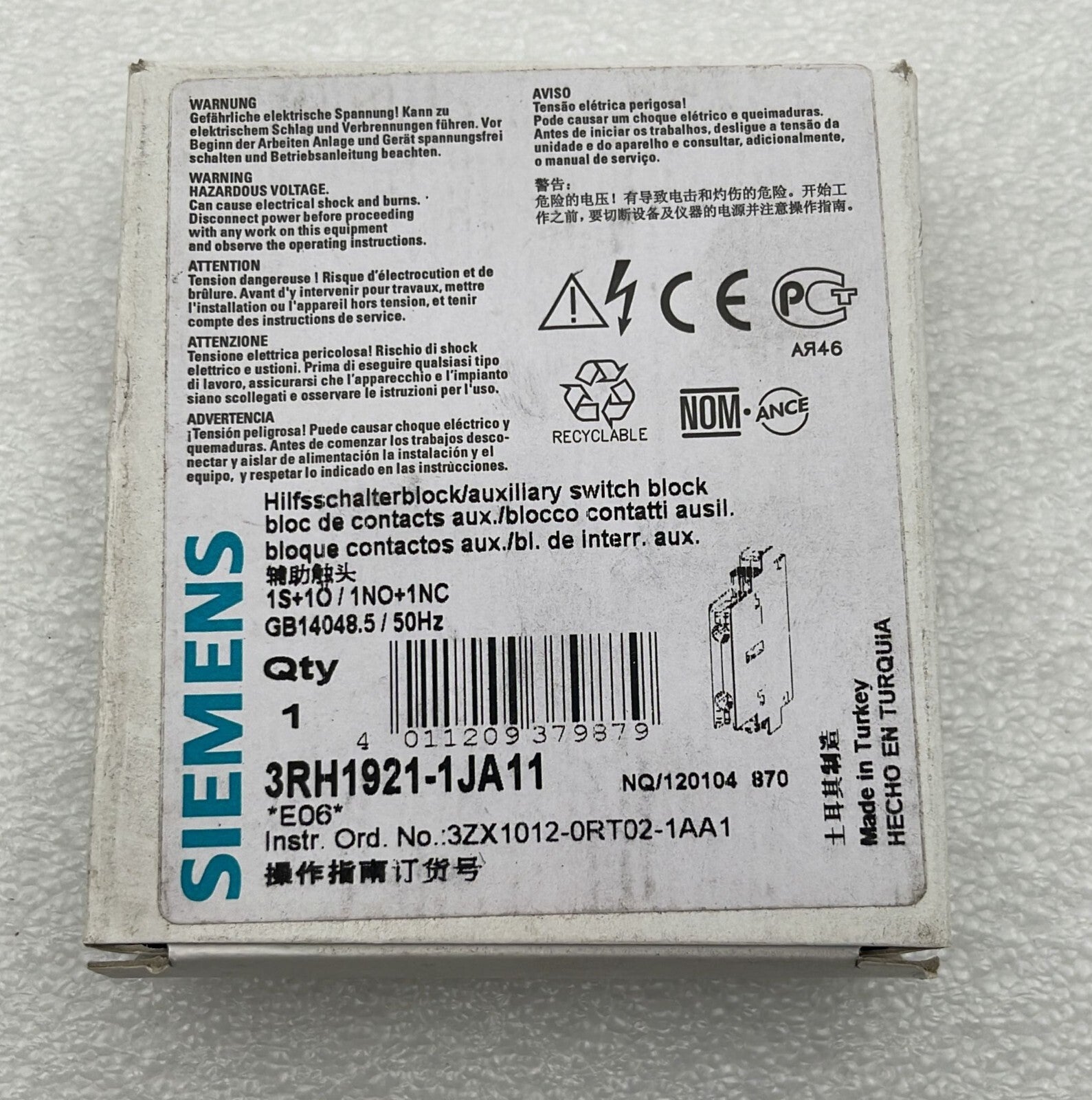 [LOT OF 5] NEW - Siemens 3RH1921-1JA11 Auxiliary switch block 1NO + 1NC