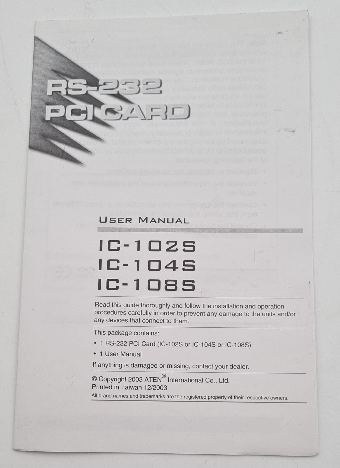NEW - ATEN IC-102S 4037A RS-232 2-Port PCI Card H9MSER40XX H9M SER4037