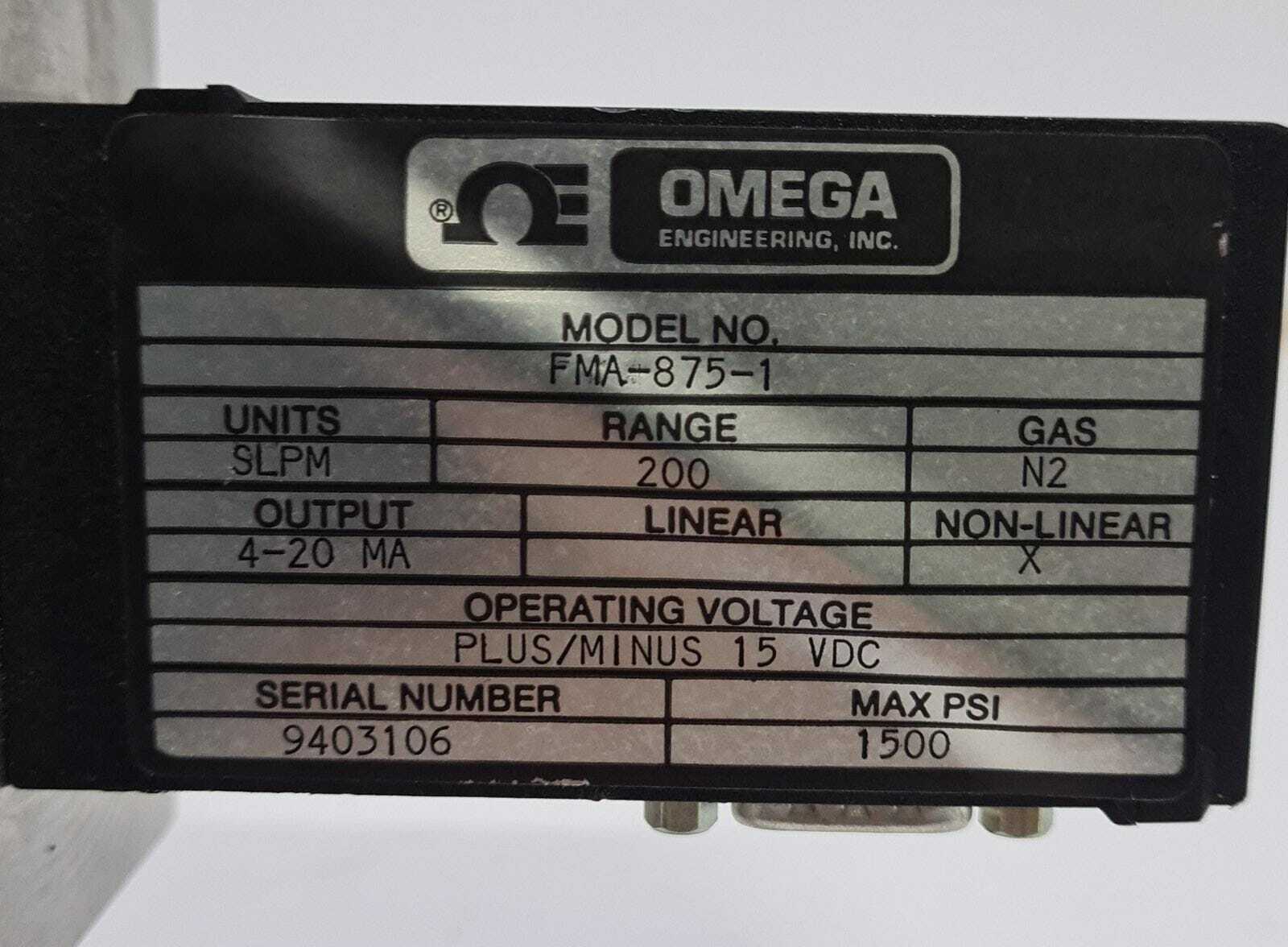 OMEGA FMA-875-1 Gas N2 Range 200 1500 PSI 15 VDC Mass Flow meter Control Valve