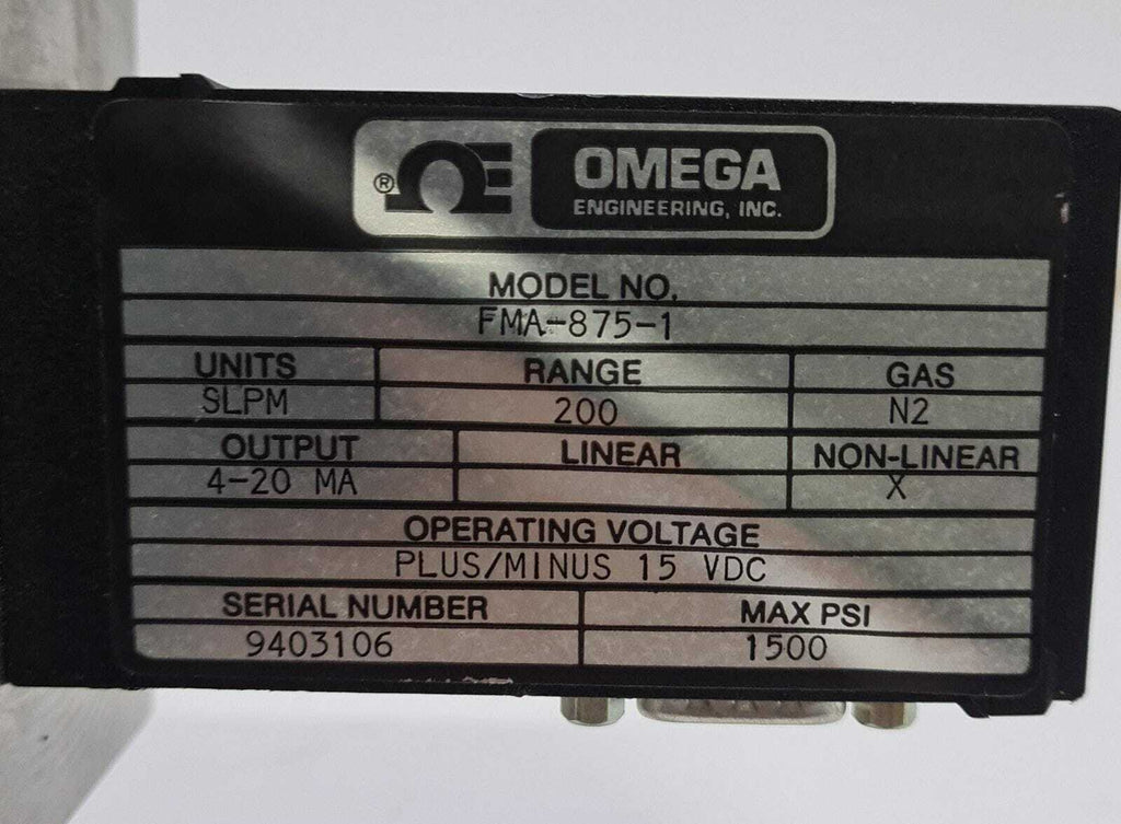 OMEGA FMA-875-1 Gas N2 Range 200 1500 PSI 15 VDC Mass Flow meter Control Valve